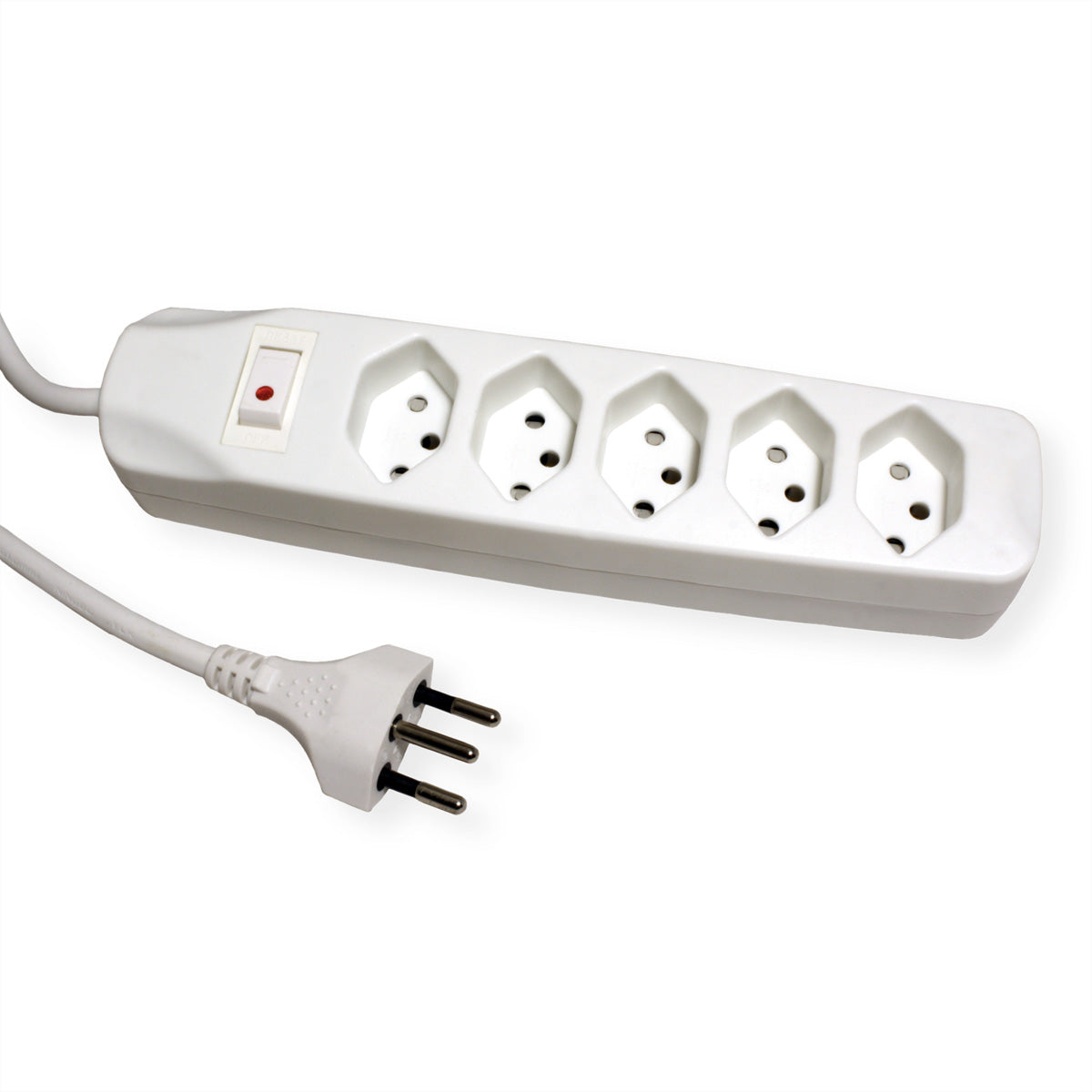 Blank Steckdosenleiste, 5×T13, mit Leuchtschalter, 1,5 m, Eingang T12, 205×45×45 mm – weiss