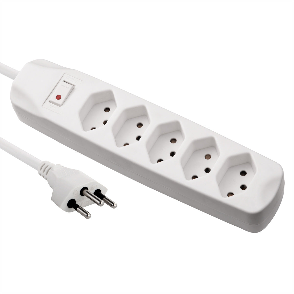 Blank Steckdosenleiste, 5×T13, mit Leuchtschalter, 1,5 m, Eingang T12, 205×45×45 mm – weiss