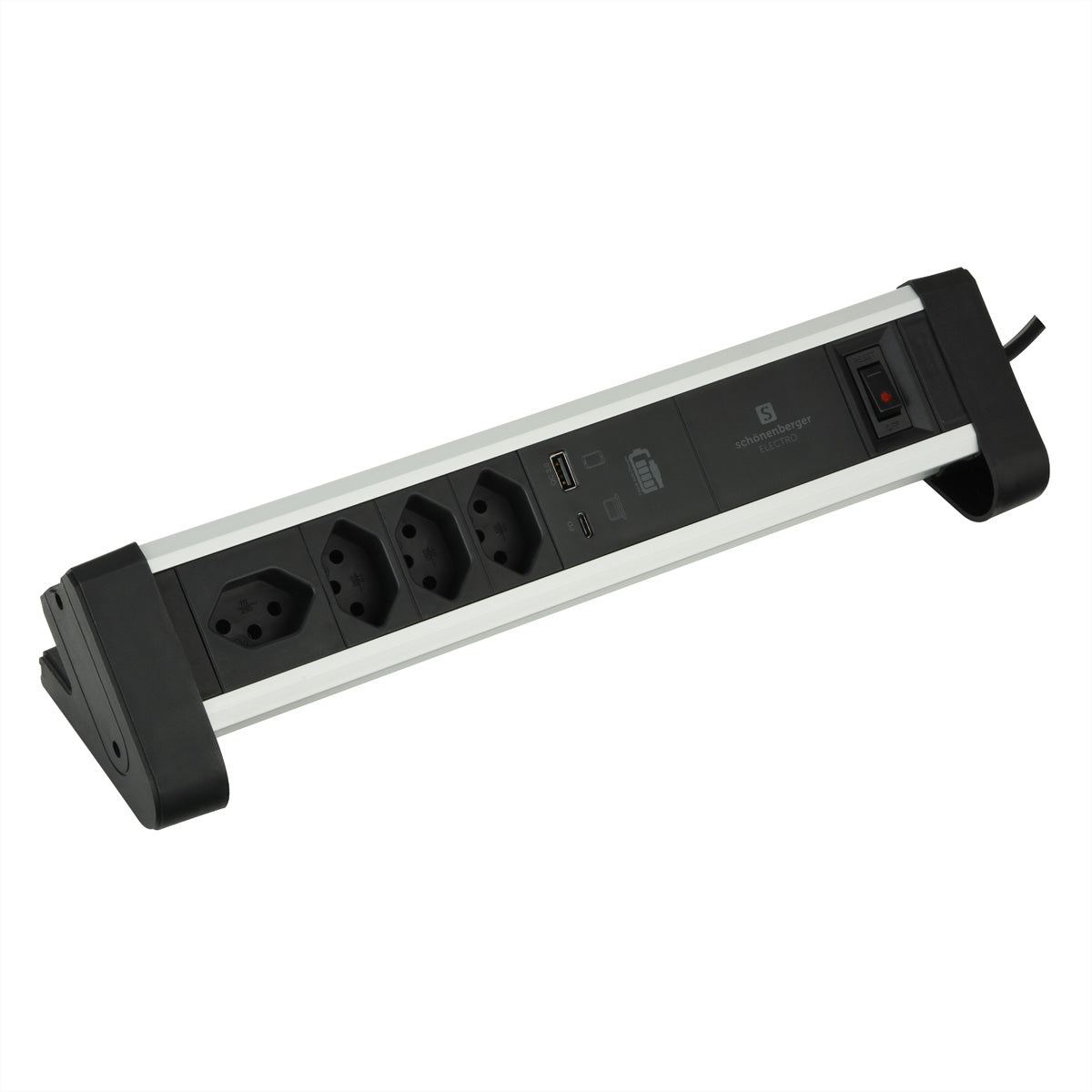 M. Schönenberger Schönenberger Steckdosenleiste – 4× T13, USB-A/C, 2 m, mit Schalter, Schwarz/Silber