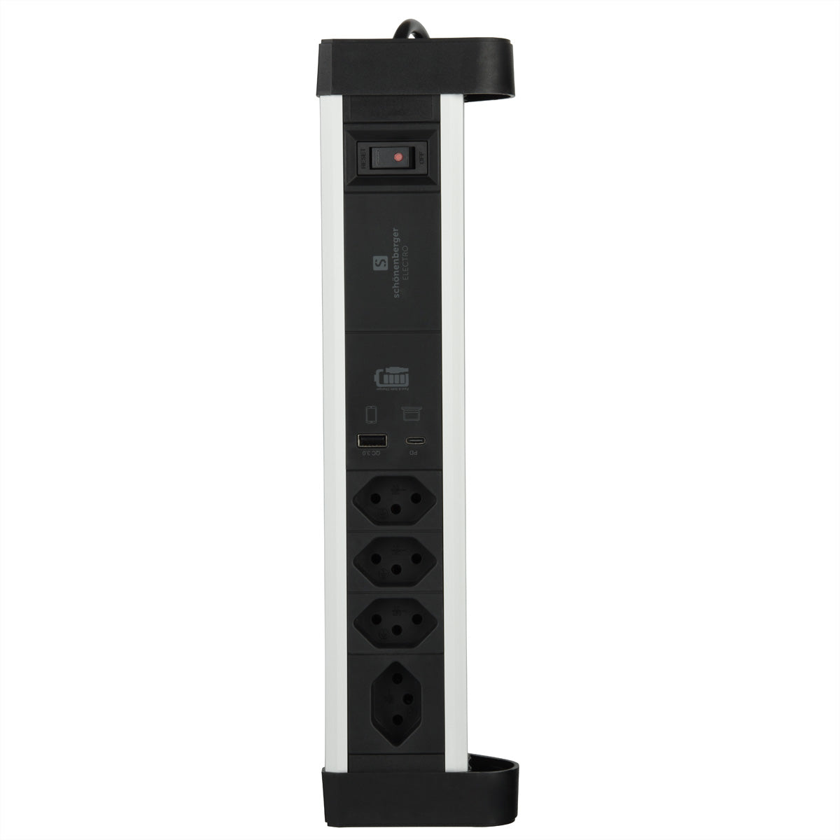 M. Schönenberger Schönenberger Steckdosenleiste – 4× T13, USB-A/C, 2 m, mit Schalter, Schwarz/Silber