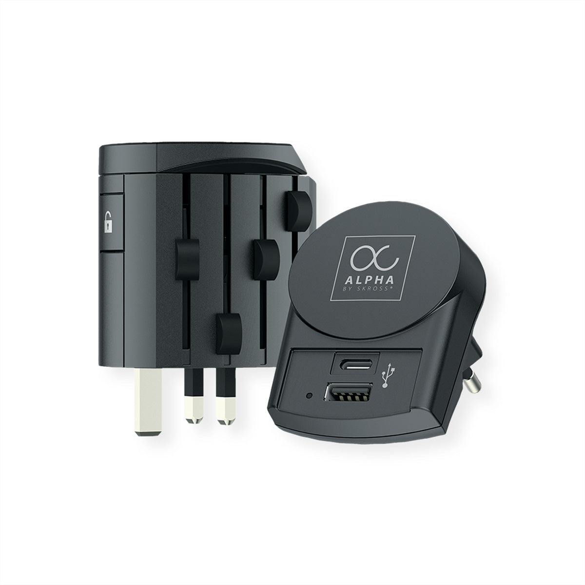 SKROSS – Reiseadapter Alpha – von USB-C zu Typ I – 2 USB (USB-C, USB-A) – schwarz