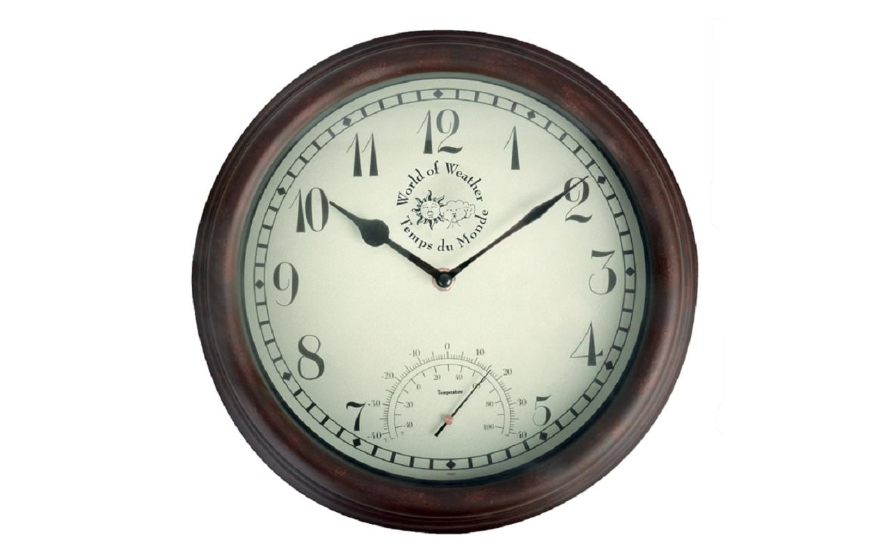 Esschert Design Wanduhr – Analog, Thermometer, Ø 30,5 cm, Braun, Kunststoff