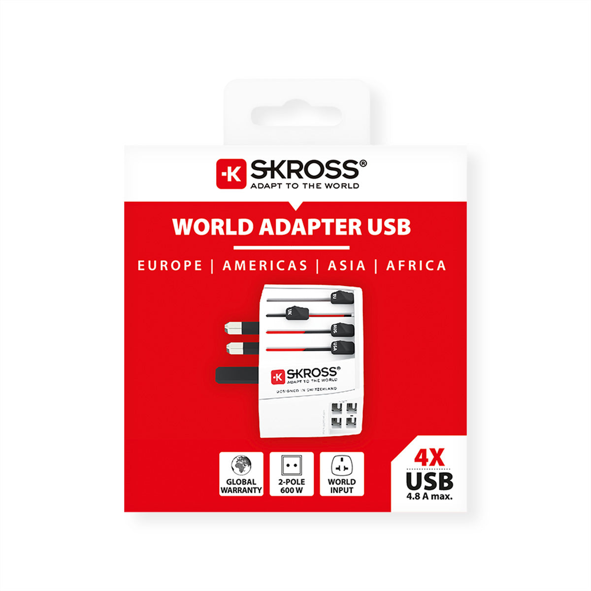 SKROSS MUV Reiseadapter – 4× USB-A, für weltweite Verwendung – Weiss