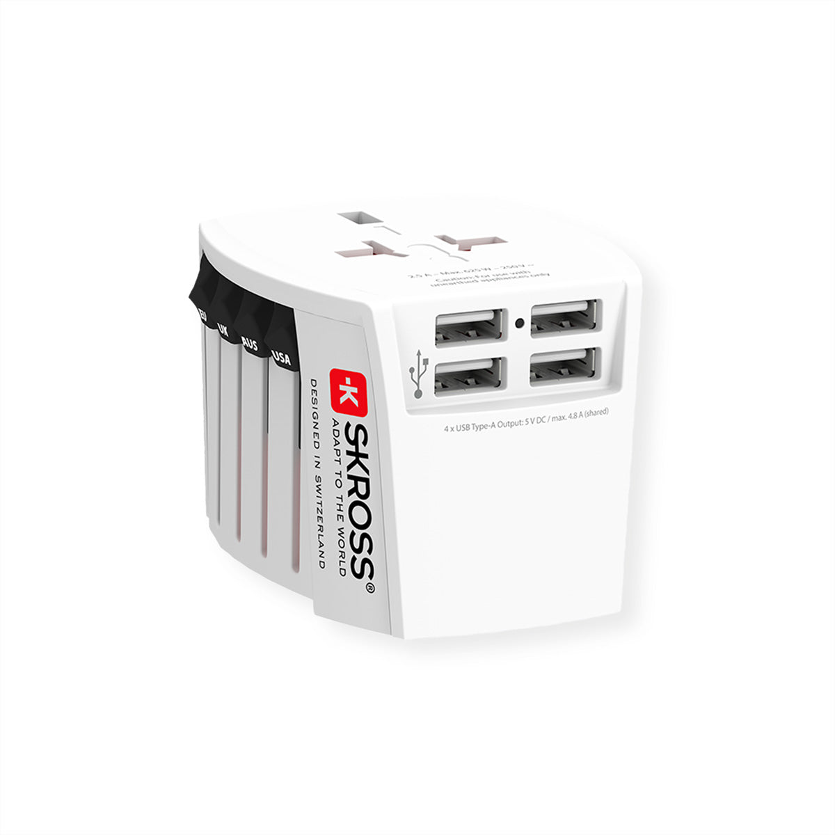 SKROSS MUV Reiseadapter – 4× USB-A, für weltweite Verwendung – Weiss