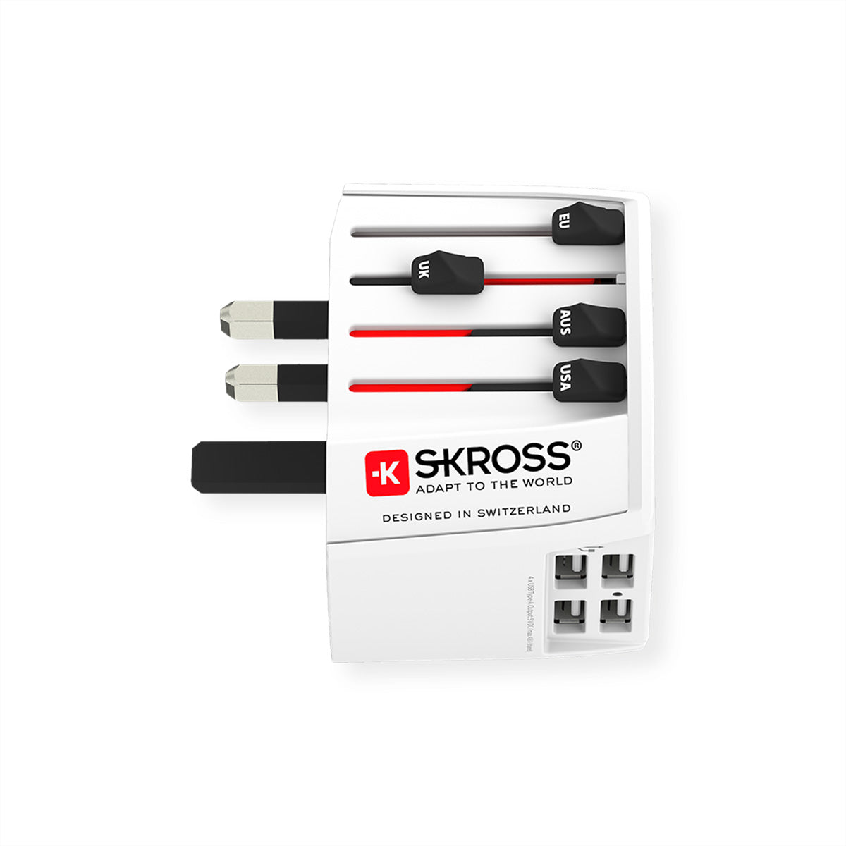 SKROSS MUV Reiseadapter – 4× USB-A, für weltweite Verwendung – Weiss