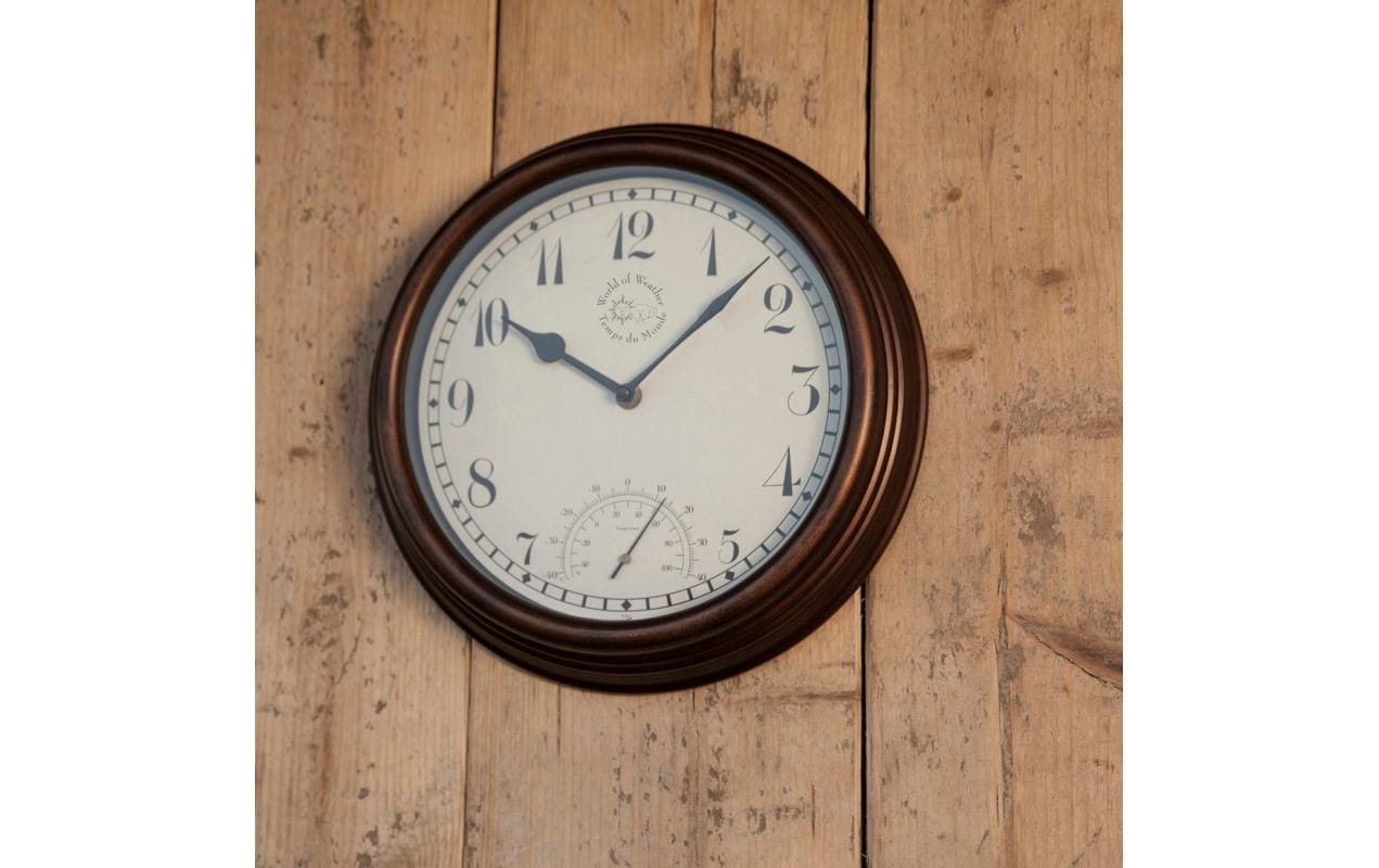 Esschert Design Wanduhr – Analog, Thermometer, Ø 30,5 cm, Braun, Kunststoff