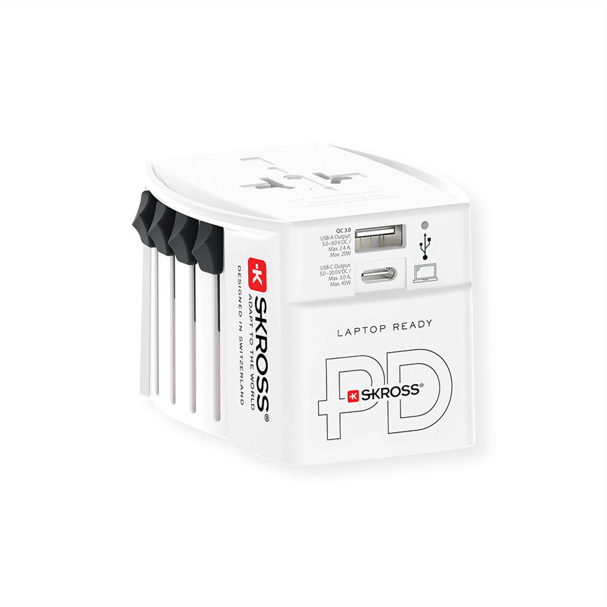 Skross MUV USB A/C 45 PD Reiseadapter – Weltweit, USB-C 45 W PD, USB-A 20 W – Weiss