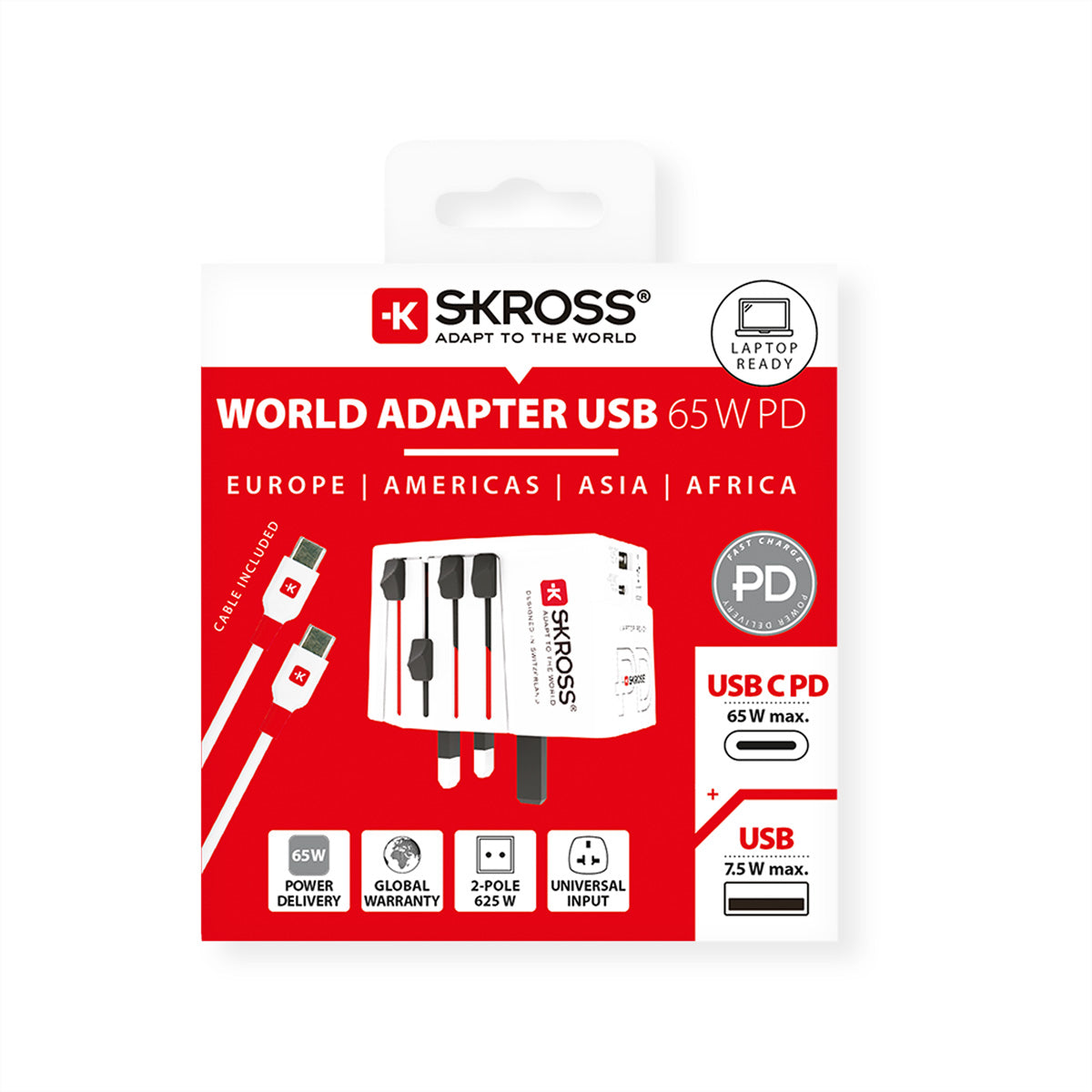 SKROSS MUV Reiseadapter USB-C zu Typ L – USB-C + USB-A, für Smartphone, Tablet, Laptop