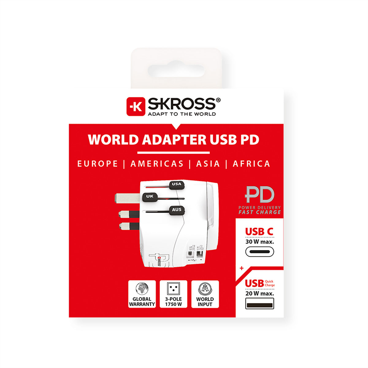 Skross PRO Light USB A/C 30PD Reiseadapter – USB‑C PD 30 W, USB‑A 20 W – für weltweit (Typ A/B/C/G/I/L)
