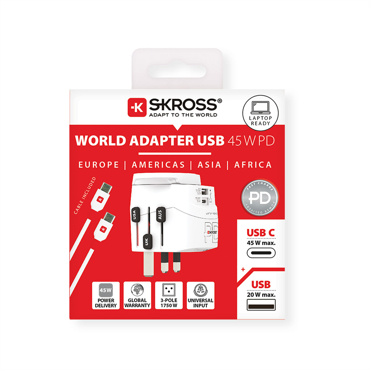 SKROSS – Reiseadapter – Universal → Universal, USB-C/USB-A (PD 45 W), bis 1'750 W – weiss