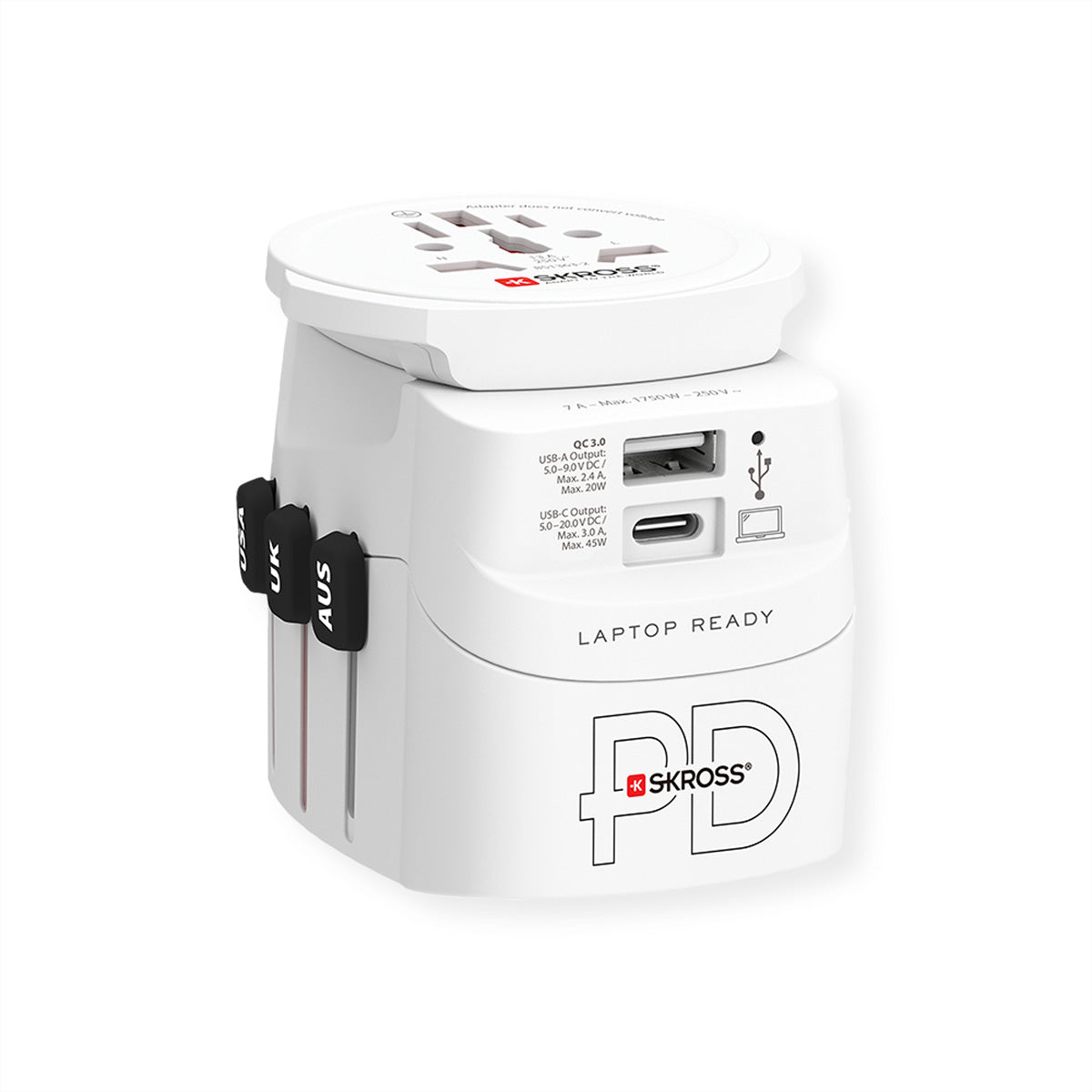 SKROSS – Reiseadapter – Universal → Universal, USB-C/USB-A (PD 45 W), bis 1'750 W – weiss