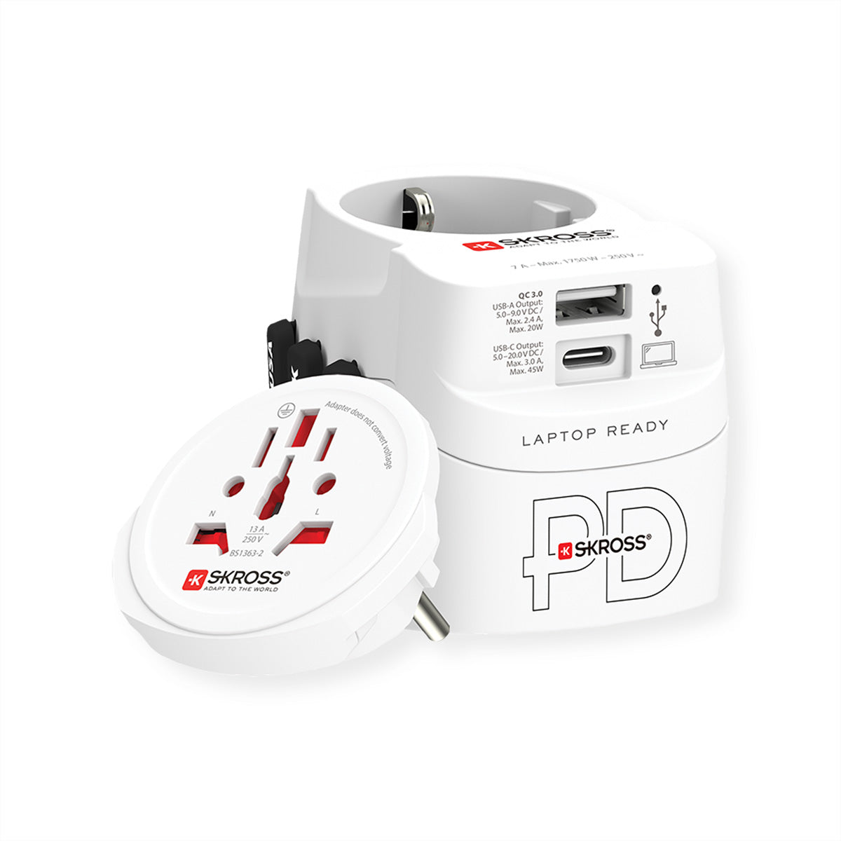 SKROSS – Reiseadapter – Universal → Universal, USB-C/USB-A (PD 45 W), bis 1'750 W – weiss