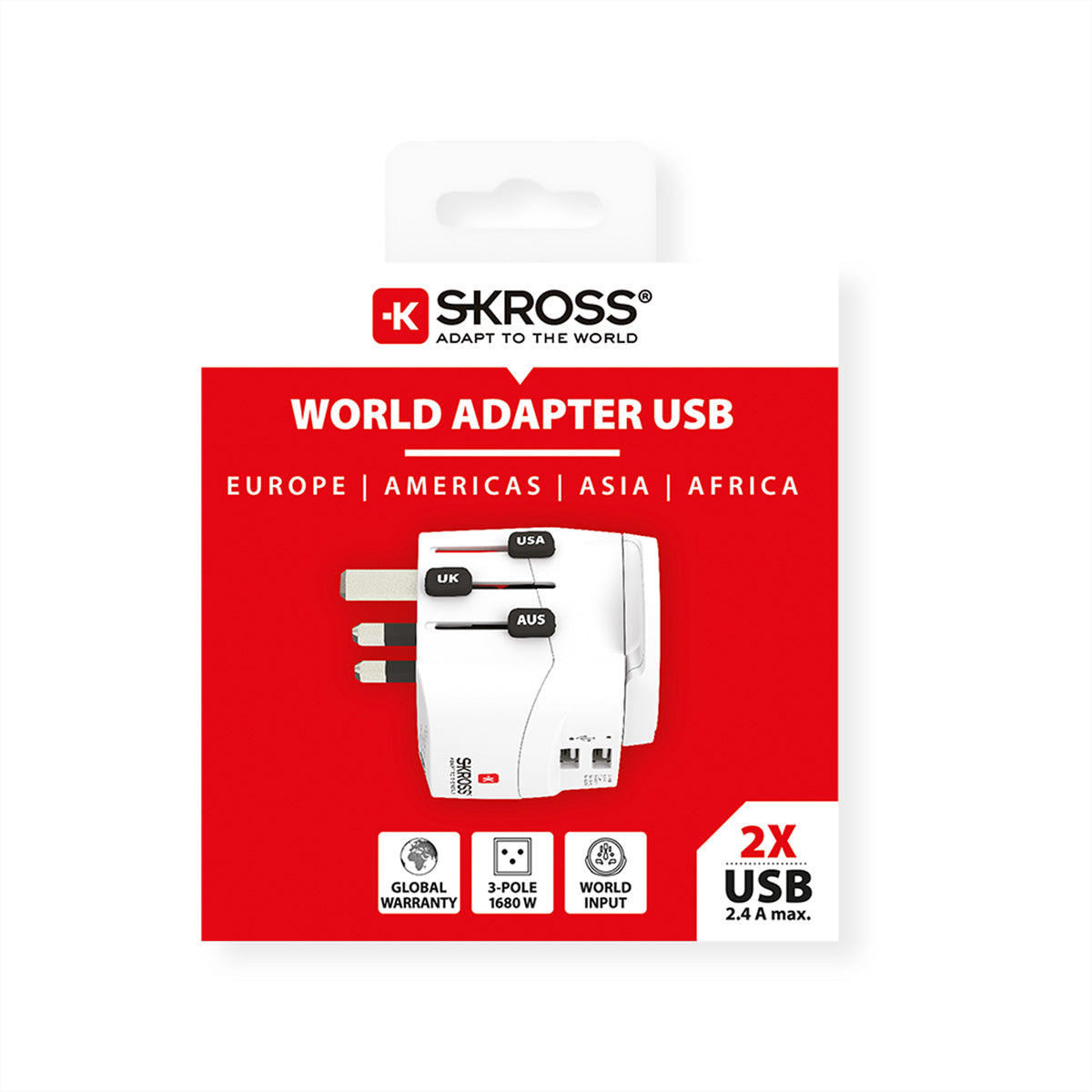 Skross PRO Light Reiseadapter – 2× USB‑A (5 V/2,4 A geteilt, 12 W), 100–250 V AC, für USA, Kanada, Japan