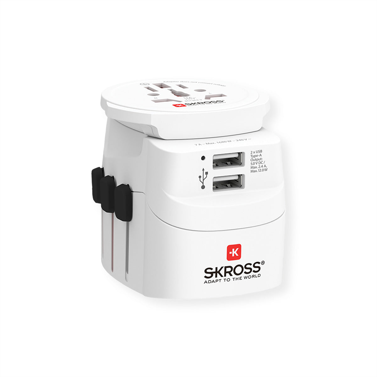 Skross PRO Light Reiseadapter – 2× USB‑A (5 V/2,4 A geteilt, 12 W), 100–250 V AC, für USA, Kanada, Japan