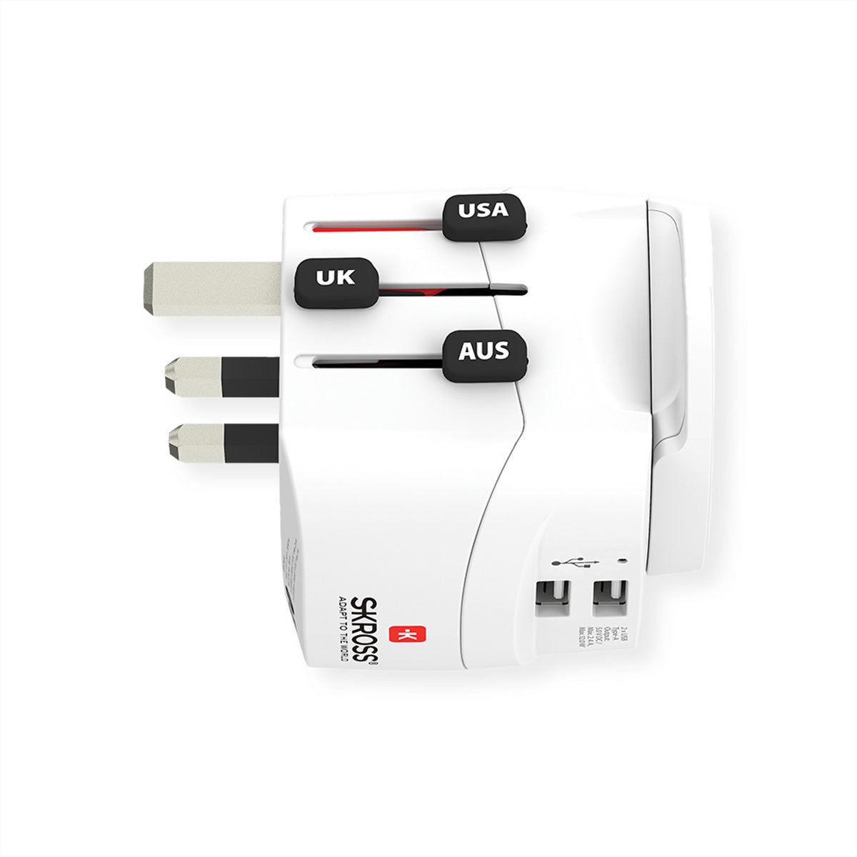 Skross PRO Light Reiseadapter – 2× USB‑A (5 V/2,4 A geteilt, 12 W), 100–250 V AC, für USA, Kanada, Japan
