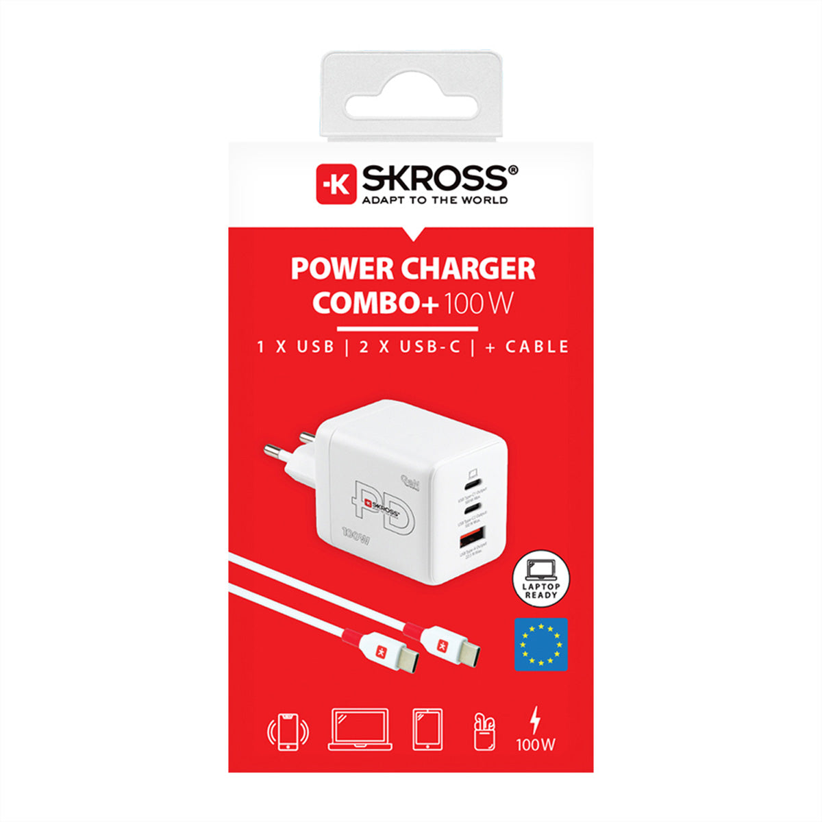 Skross Power Charger USB-Ladegerät 100 W – USB-C×2, USB-A×1 – GaN, EU-Stecker (Typ C) – Weiss