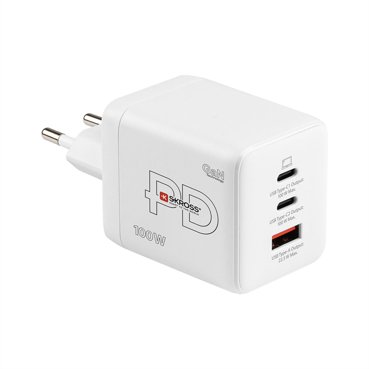 Skross Power Charger USB-Ladegerät 100 W – USB-C×2, USB-A×1 – GaN, EU-Stecker (Typ C) – Weiss