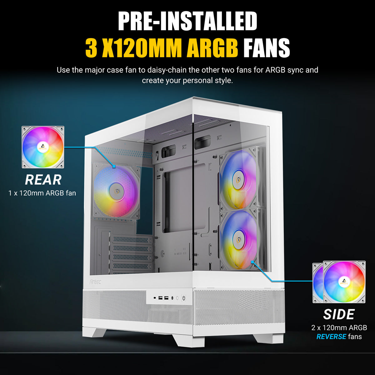 Antec CX500M ARGB Tower – Micro-ATX, gehärtetes Glas, 3x 120 mm ARGB Lüfter, USB-C 3,2 Gen 2