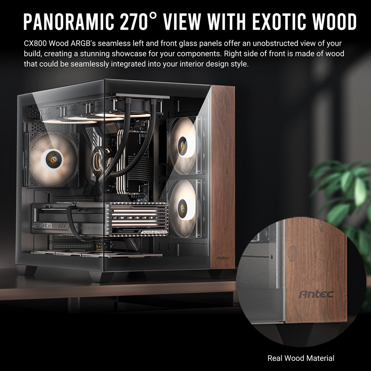 Antec CX800 – PC-Gehäuse – Midi Tower, ATX, Schwarz/Holz, Seitenfenster, 3×120 mm Lüfter, 2×3,5"+2×2,5"