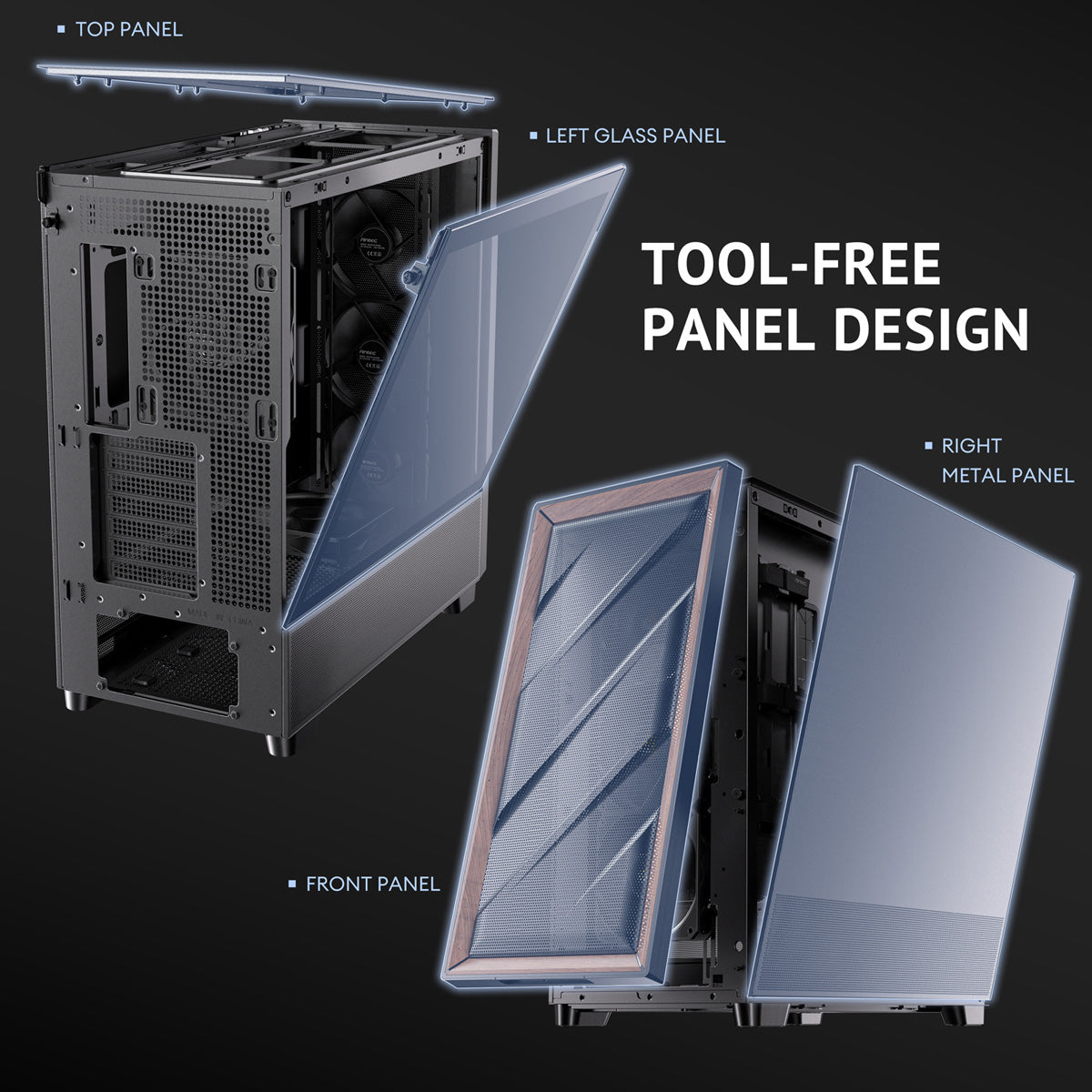 Antec FLUX – PC-Gehäuse – Midi-Tower ATX, Schwarz, Seitenfenster, 5× Lüfter, 360/420 mm Radiatorunterstützung