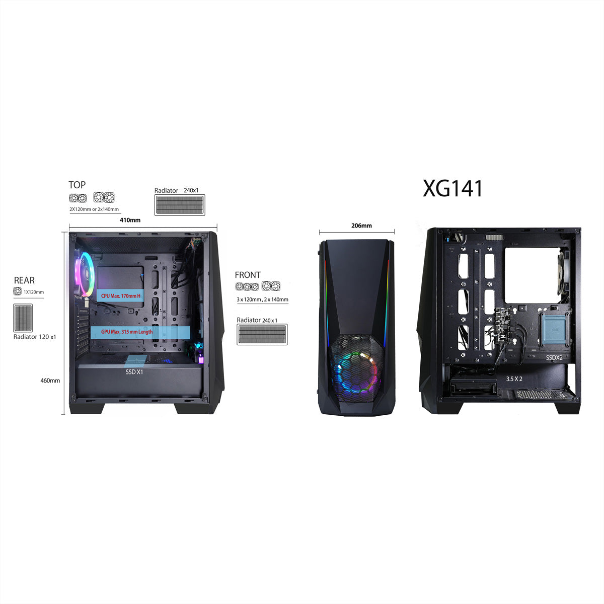 Xilence Xilent Blast X505.ARGB – PC-Gehäuse (Midi-Tower), Schwarz, 2×ARGB Lüfter, 2×USB 3.0, GPU bis 315 mm