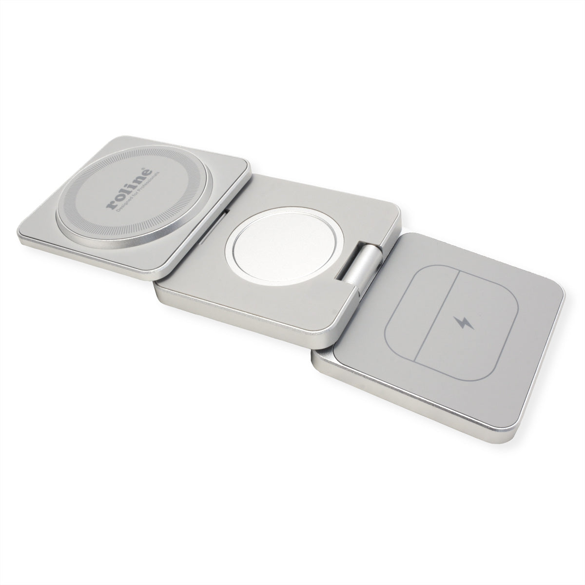 ROLINE 3-in-1 Ladeständer – MagSafe-kompatibel – 15 W – faltbar – für iPhone/Apple Watch/AirPods – Silber