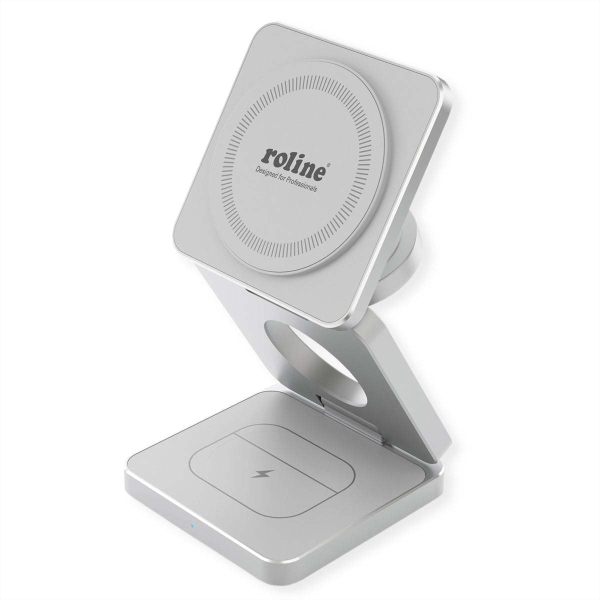 ROLINE 3-in-1 Ladeständer – MagSafe-kompatibel – 15 W – faltbar – für iPhone/Apple Watch/AirPods – Silber
