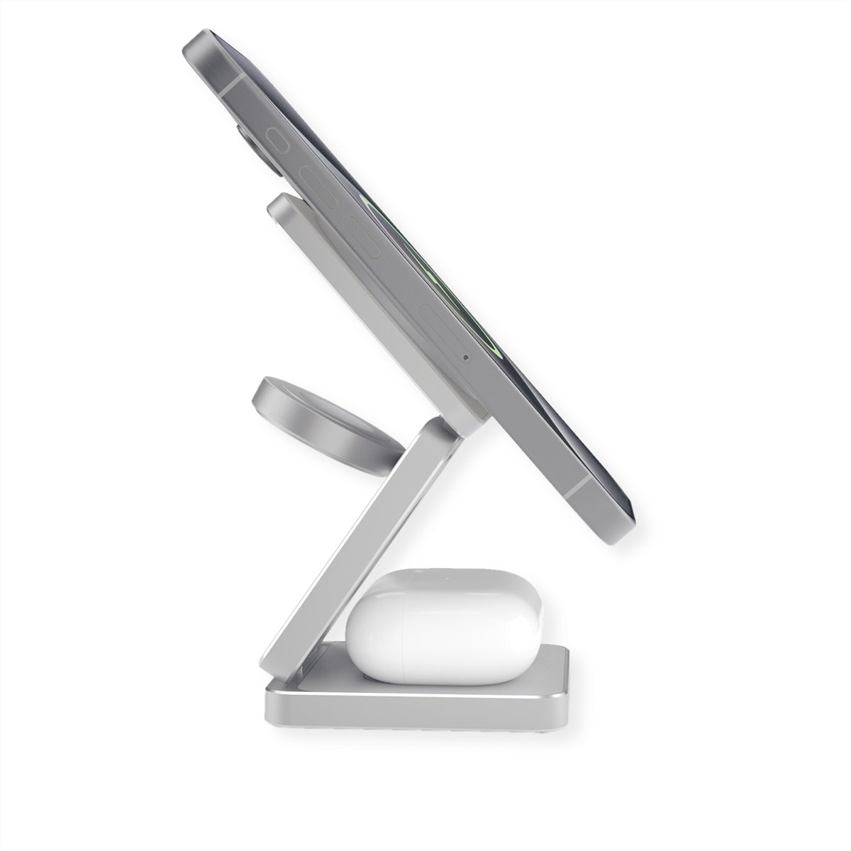 ROLINE 3-in-1 Ladeständer – MagSafe-kompatibel – 15 W – faltbar – für iPhone/Apple Watch/AirPods – Silber