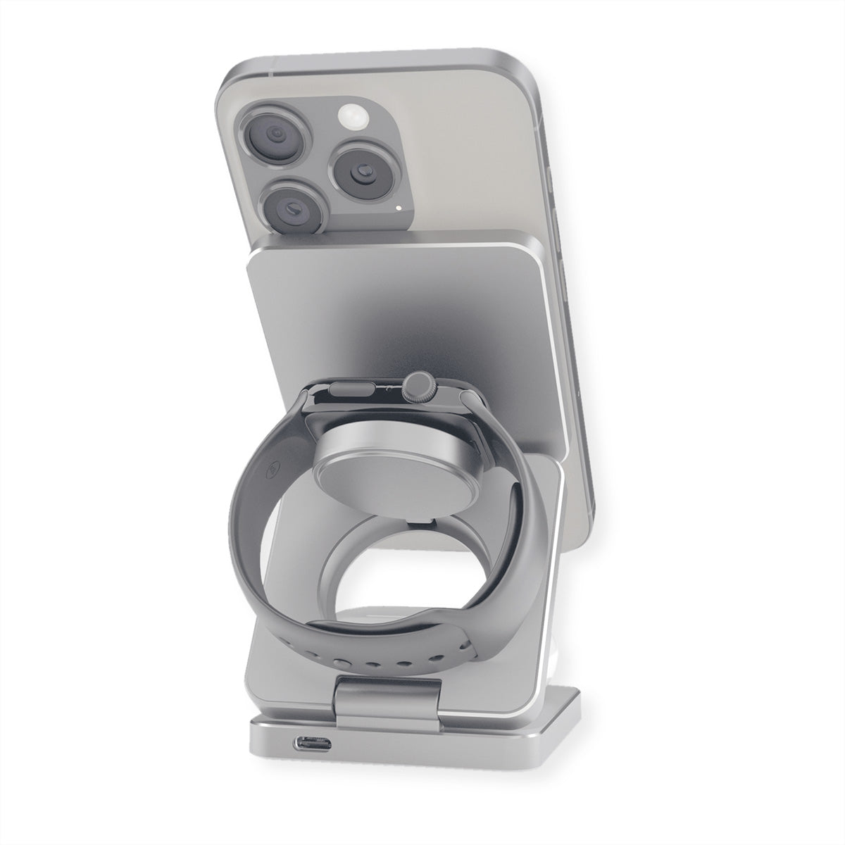 ROLINE 3-in-1 Ladeständer – MagSafe-kompatibel – 15 W – faltbar – für iPhone/Apple Watch/AirPods – Silber