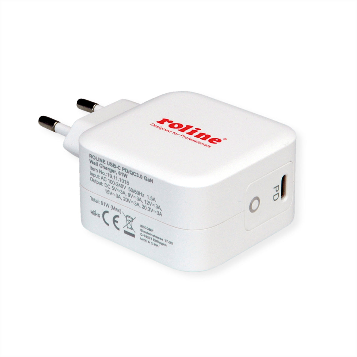 ROLINE USB-Ladegerät 61 W – USB-C×1 – PD, QC 3.0, EU-Stecker (Typ C) – Weiss