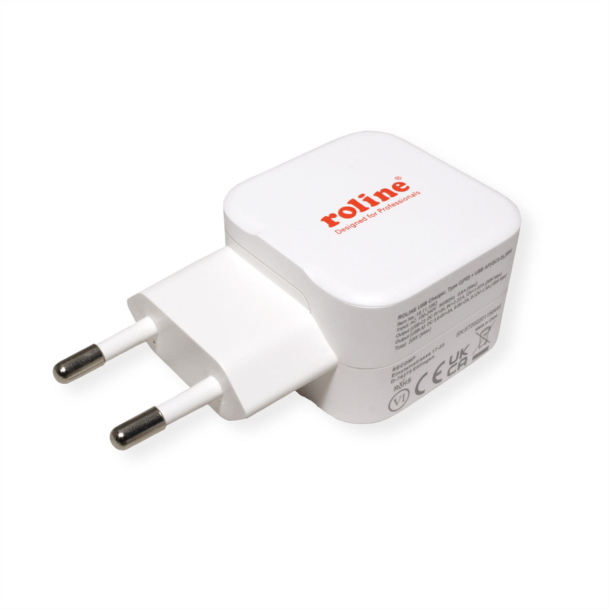 ROLINE USB-Wandladegerät 20 W – USB-C×1, USB-A×1, PD, QC 3.0 – EU-Stecker (Typ C) – Weiss
