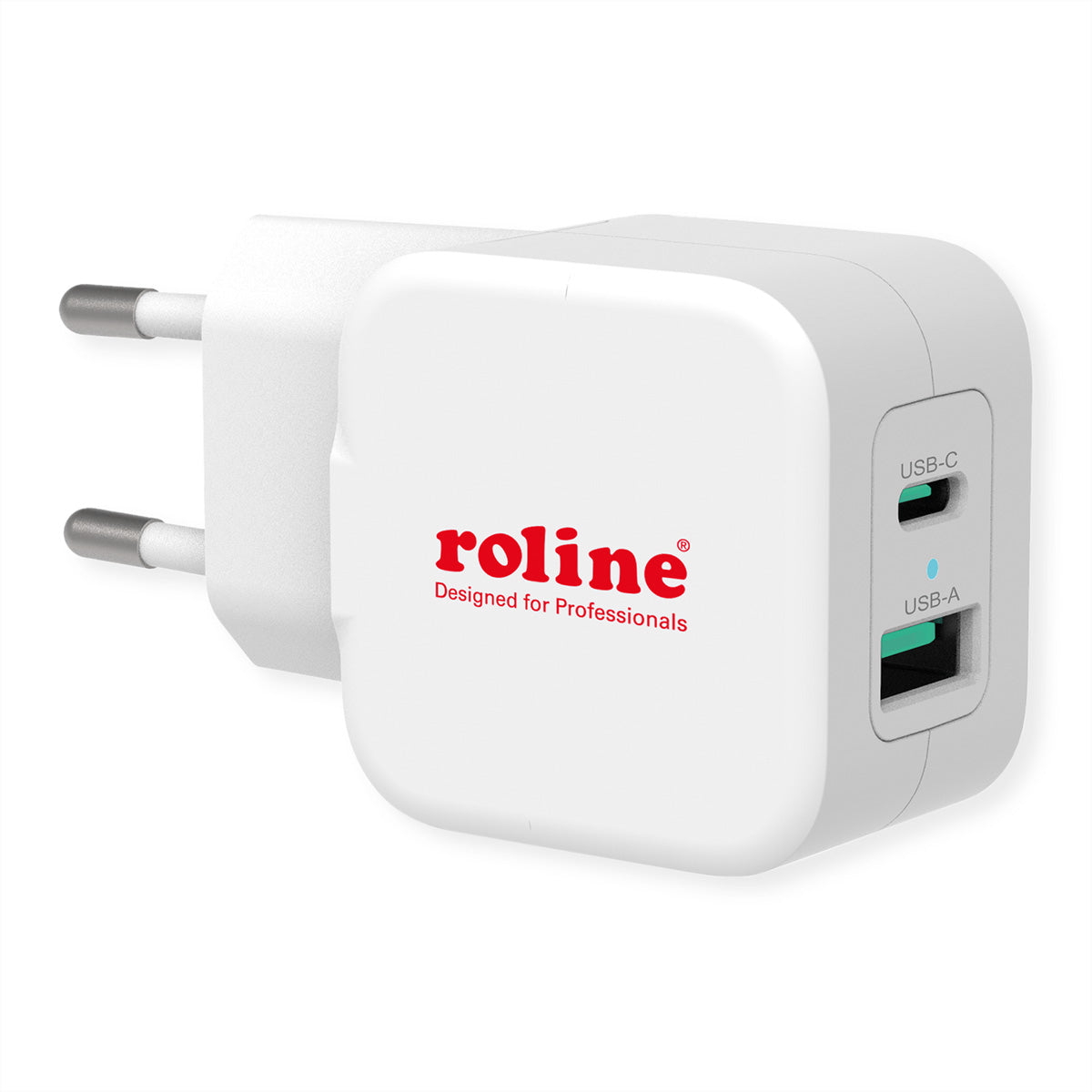 ROLINE USB-Wandladegerät 20 W – USB-C×1, USB-A×1, PD, QC 3.0 – EU-Stecker (Typ C) – Weiss