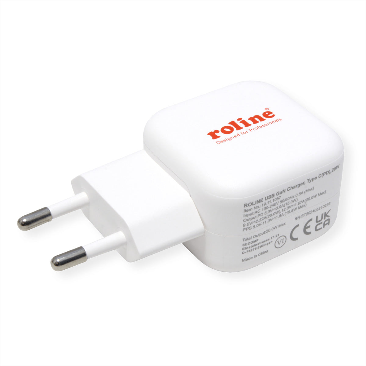 ROLINE USB-Ladegerät 20 W – USB-C×1 – GaN, EU-Stecker (Typ C), Weiss