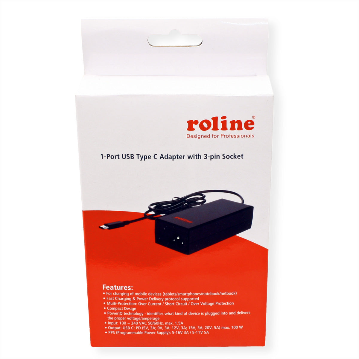 ROLINE USB-Ladegerät 100 W – USB-C×1 – PD, PPS – C5/C6-Eingang, schwarz