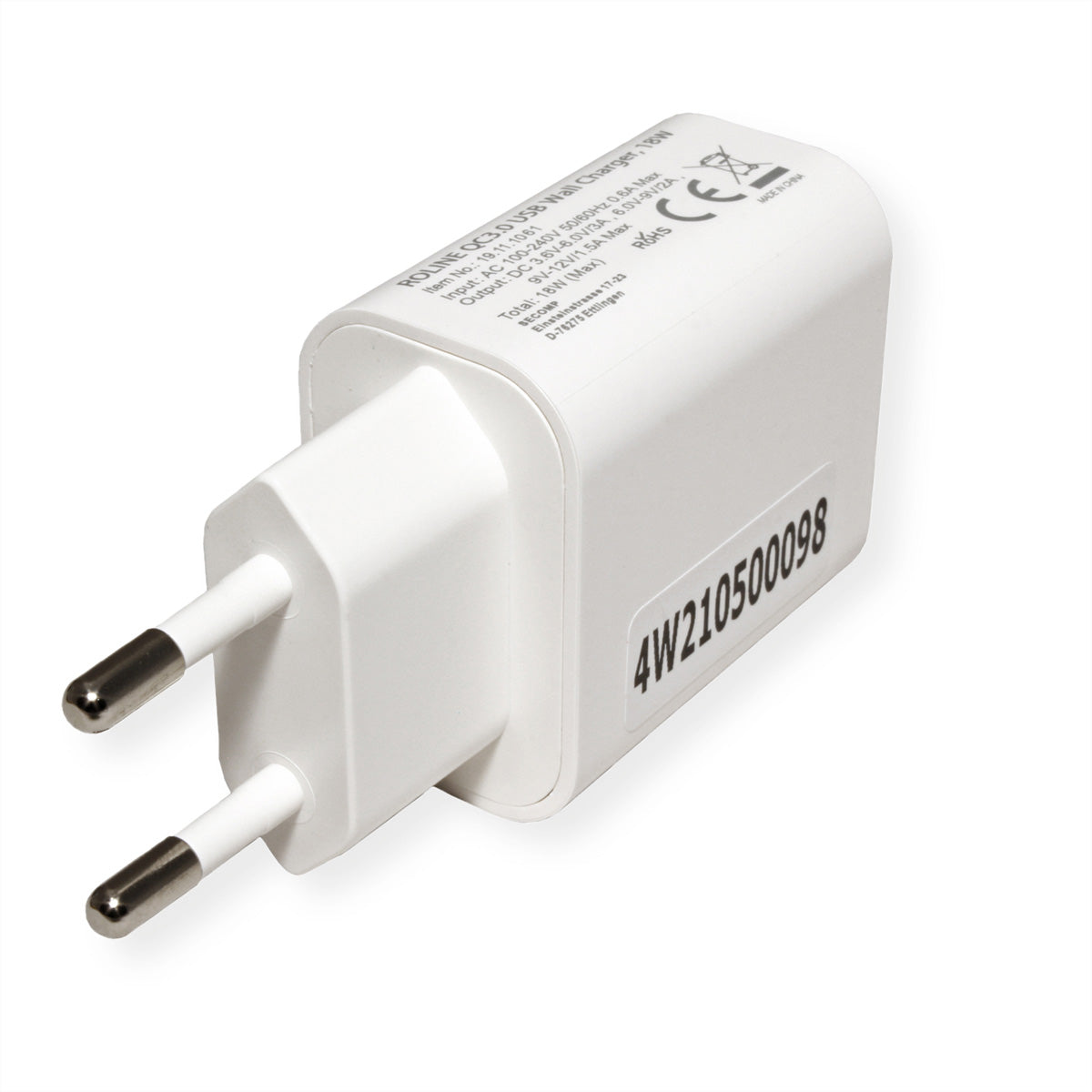ROLINE USB-Ladegerät 18 W – QC 3.0 – USB-A×1 – EU-Stecker (Typ C) – Weiss