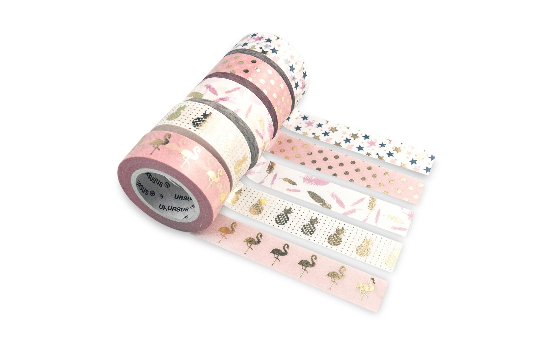 URSUS Washi Tape Tropic Flamingo – 15 mm × 10 m, gold, pink – 5 Rollen, Papier