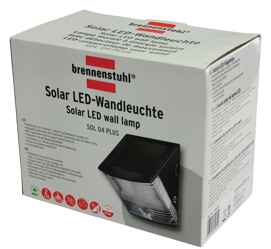 Brennenstuhl Aussenwandleuchte – 85 lm, 1 W – Kaltweiss, 6500 K – IP44 – Akku & Solar – mit Bewegungsmelder