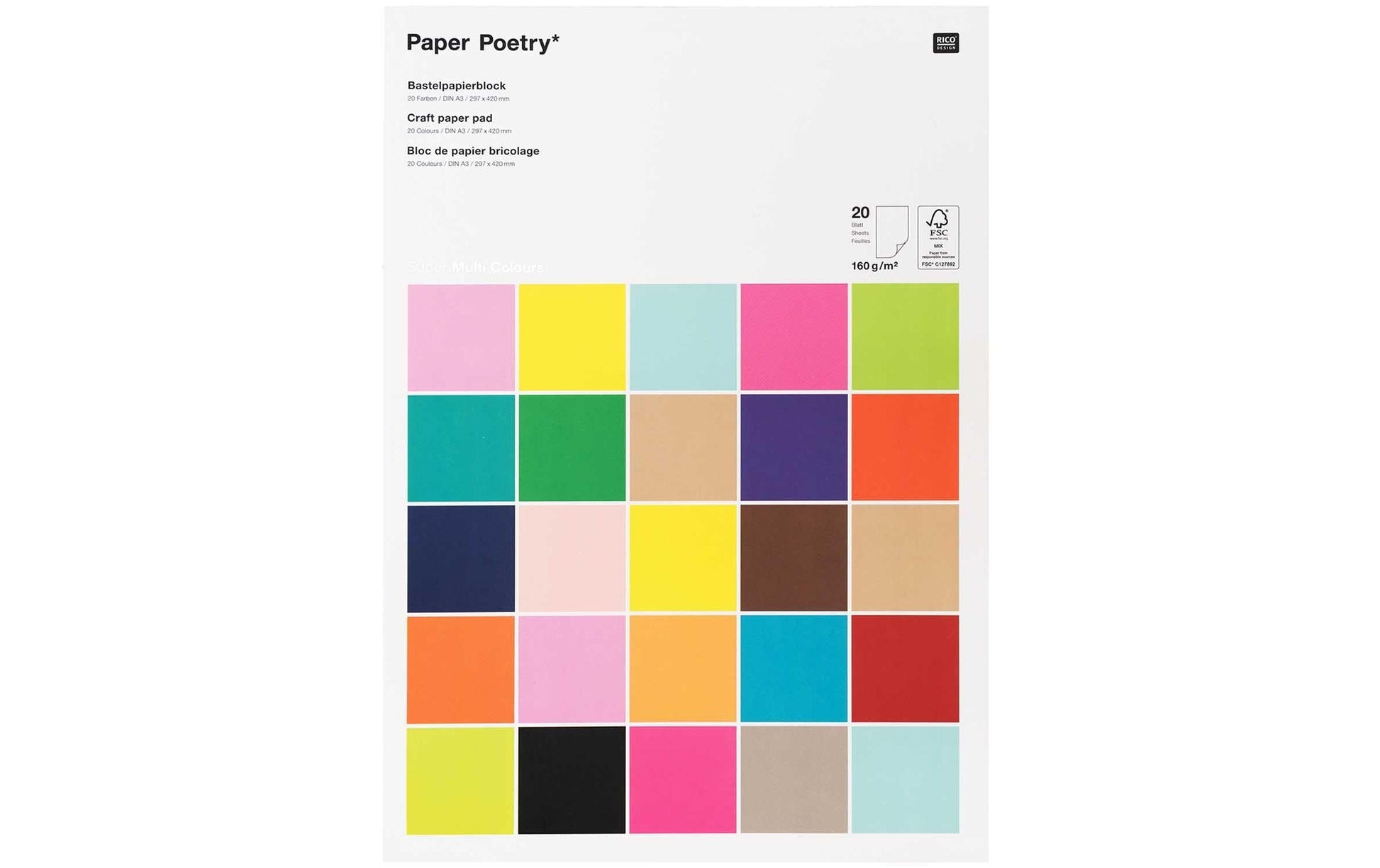 Rico Design Bastelpapier – A3, mehrfarbig, 160 g/m² – 20 Blatt, Kunstpapier, FSC