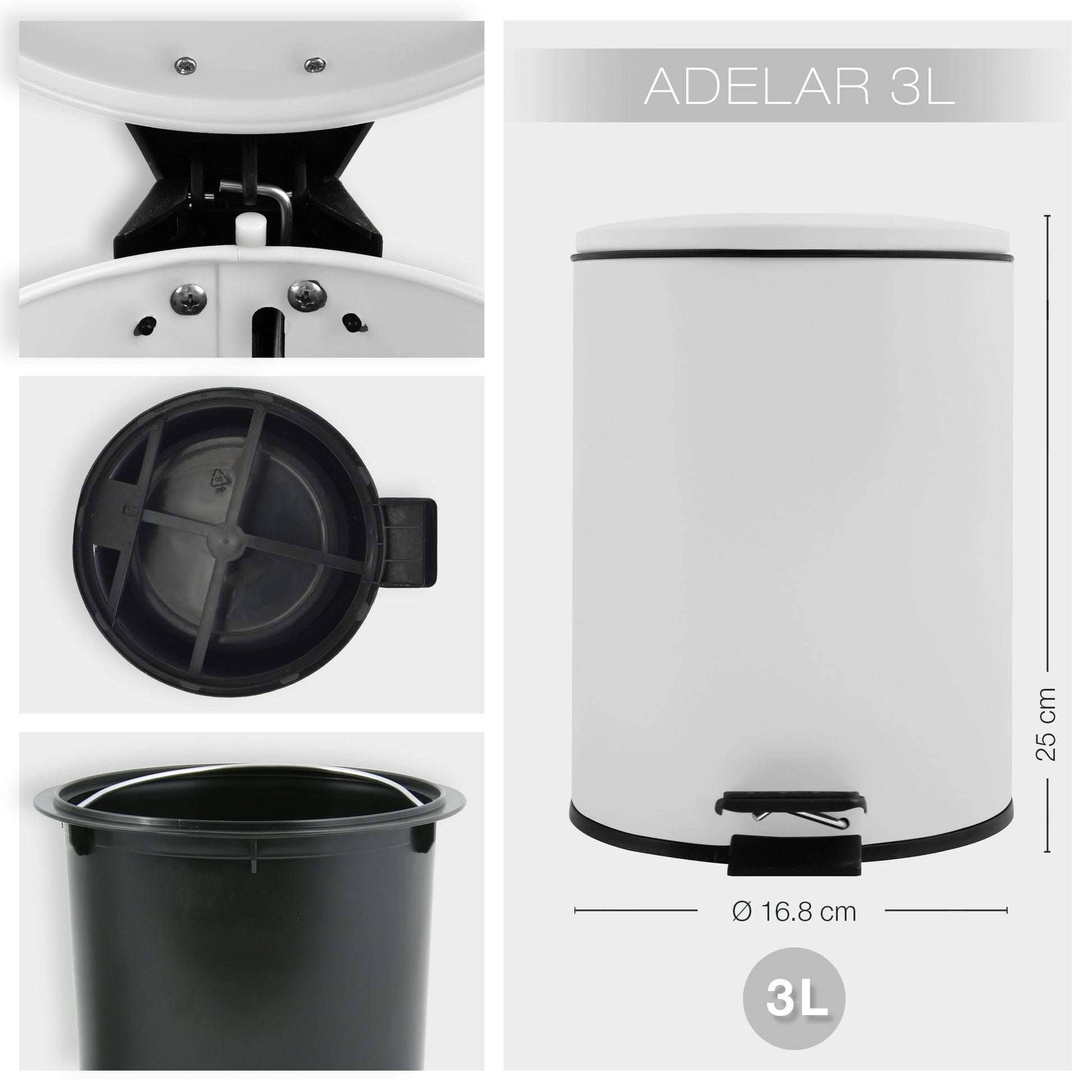 Spirella Treteimer Adelar – 3 l – Stahl, rund – weiss matt