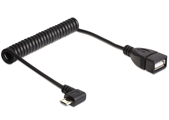 DeLOCK Micro-USB-B auf USB-A Kabel – USB 2.0 (480 Mbit/s) – 0,55 m – Spiralkabel, Abgewinkelt – Schwarz – für