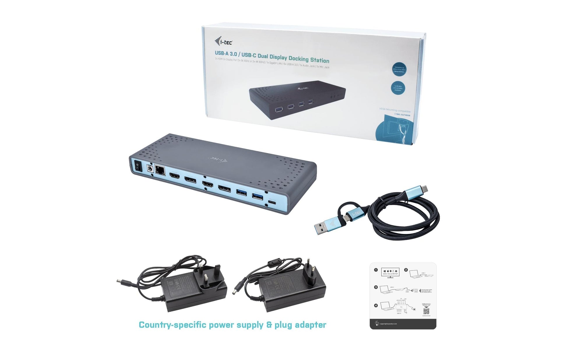 i-tec Dualdock Dockingstation – USB-C, 2× DP, 2× HDMI, 6× USB-A, GbE, 3,5 mm Audio, für Windows/Mac/Linux