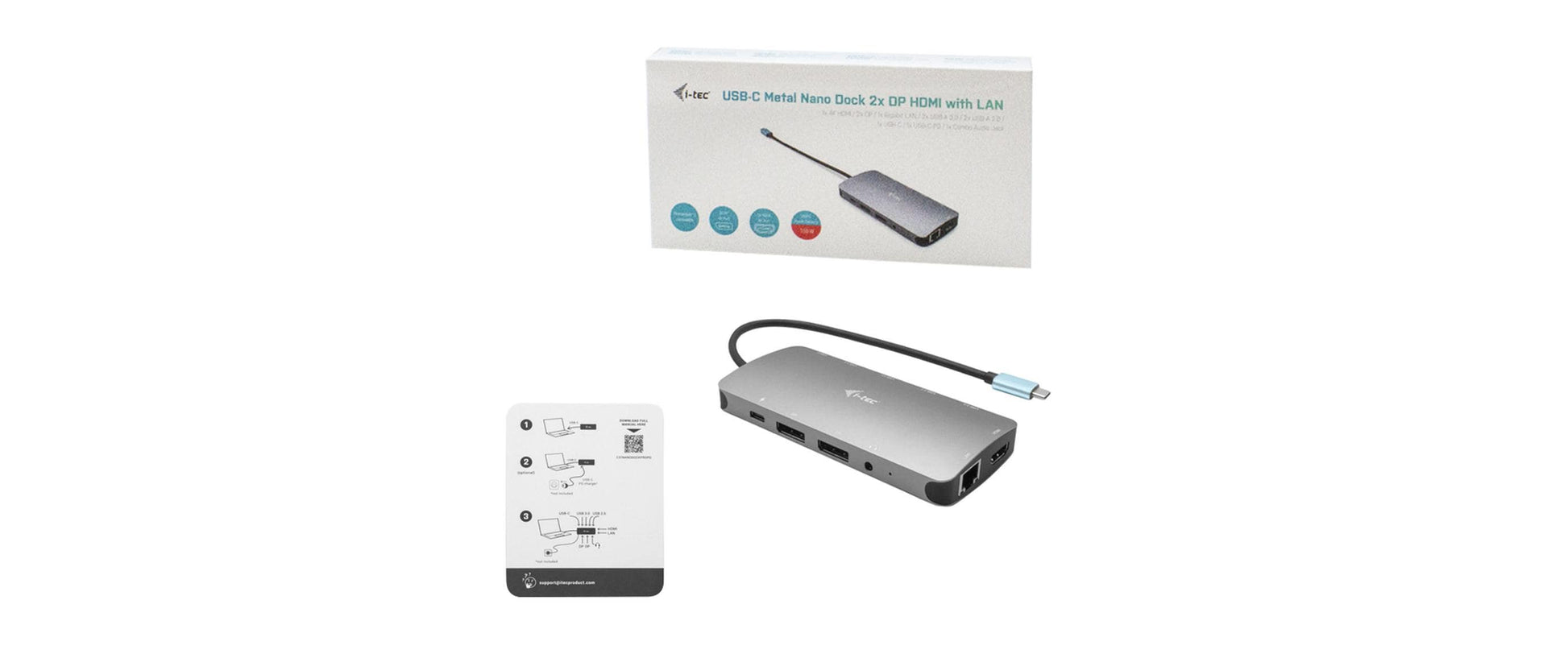 i-tec Metal Nano Dockingstation – USB-C, 2× DP, 1× HDMI, 100 W PD, GbE, für Windows/Mac/Linux