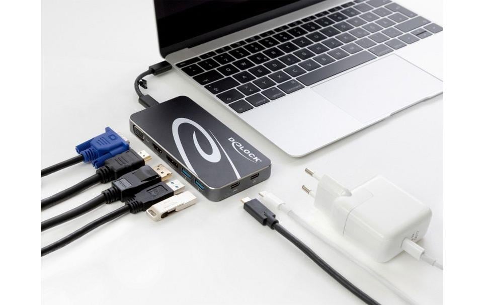 DeLOCK Dockingstation – USB-C, 1× DP, 1× HDMI, 1× VGA, 2× USB-A, 1× USB-C, 4,5 W PD, für Windows/Mac/ChromeOS