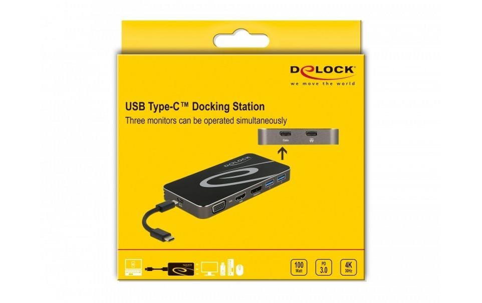 DeLOCK Dockingstation – USB-C, 1× DP, 1× HDMI, 1× VGA, 2× USB-A, 1× USB-C, 4,5 W PD, für Windows/Mac/ChromeOS