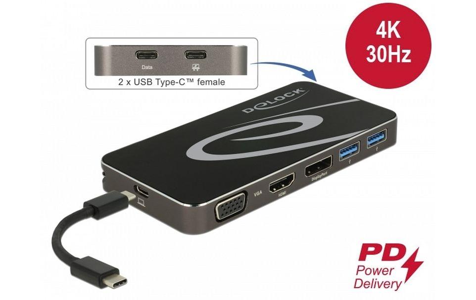 DeLOCK Dockingstation – USB-C, 1× DP, 1× HDMI, 1× VGA, 2× USB-A, 1× USB-C, 4,5 W PD, für Windows/Mac/ChromeOS