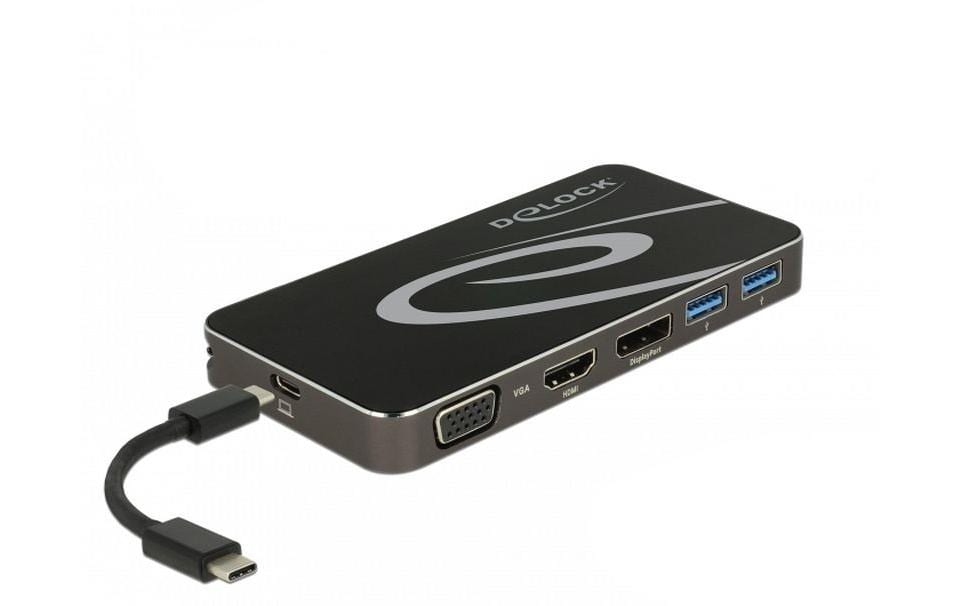 DeLOCK Dockingstation – USB-C, 1× DP, 1× HDMI, 1× VGA, 2× USB-A, 1× USB-C, 4,5 W PD, für Windows/Mac/ChromeOS