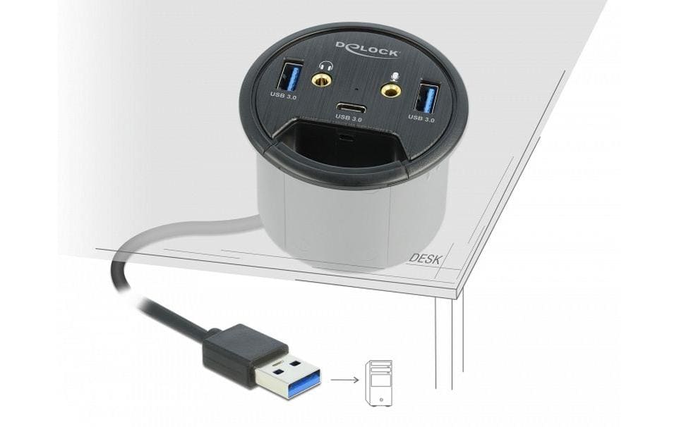 DeLOCK USB-Hub – USB 3.0, 2× USB-A, 1× USB-C, 3,5 mm Audio