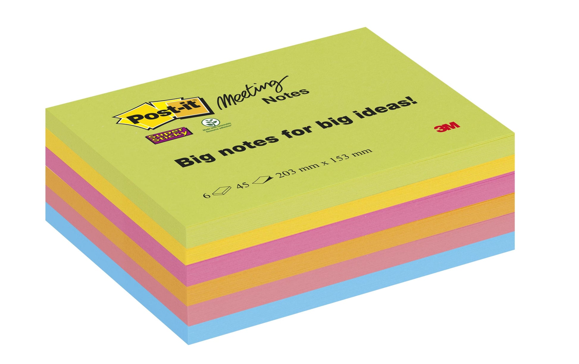 3M Post-it Super Sticky Haftnotizen – 203×152 mm – sortiert, 6×45 Blatt, PEFC
