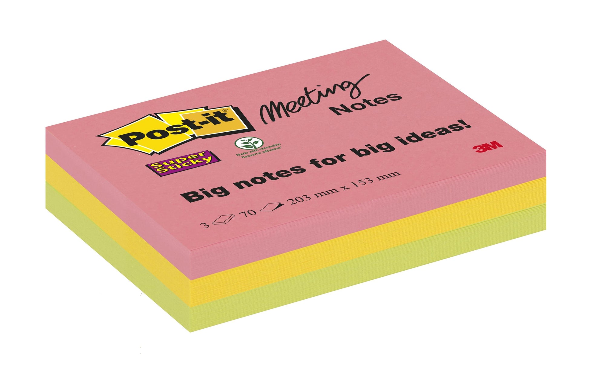 3M Post-it Super Sticky Haftnotizen – 203×152 mm – sortiert (Guavapink, Ultragelb, Limonengrün), 3×45 Blatt, PEFC