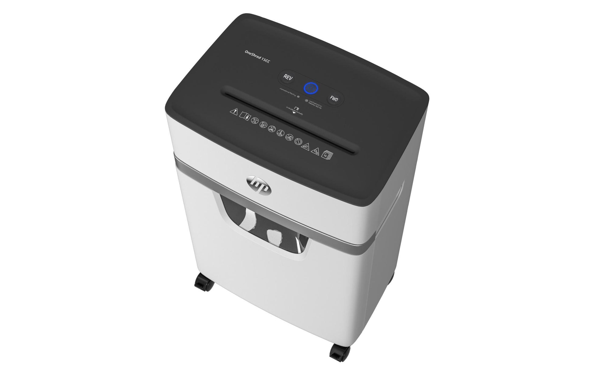 HP OneShred 15CC – Aktenvernichter mit Autofeed, DIN P-4, Partikelschnitt 4 × 35 mm, 15 Blatt, 20 l